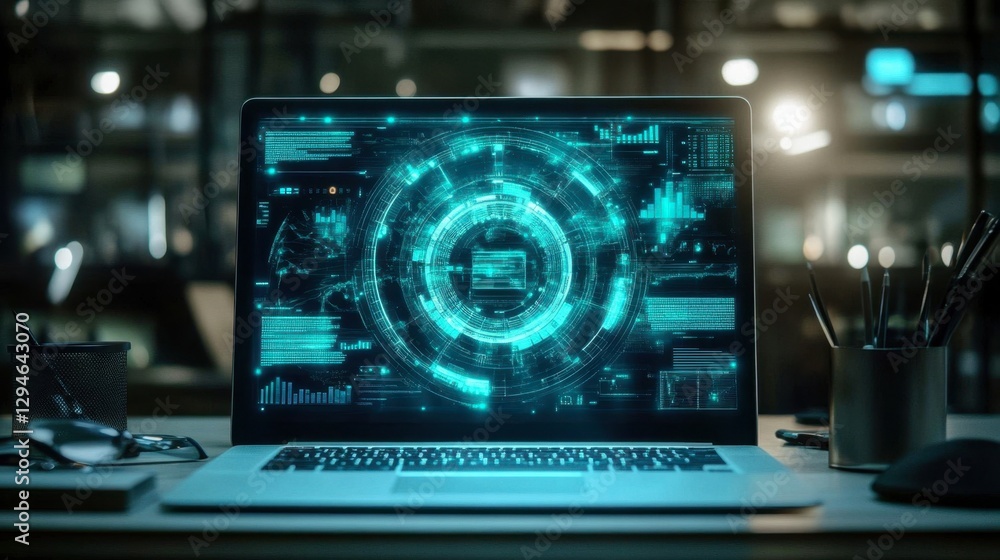 A futuristic workspace featuring a holographic business interface above a laptop. A futuristic workspace featuring a holographic business interface above a laptop.