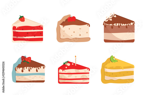 Set pieces of cakes in cartoon style. Vector illustration of cakes, cheesecakes with different fillings, cream, sponge cake, strawberry, apple, berries, kiwi, candle isolated on white background.