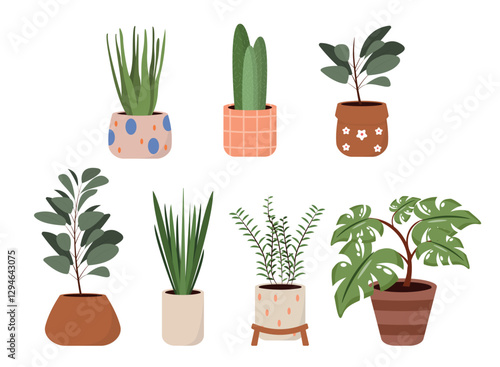 Set of beautiful flower pots in cartoon style.Vector illustration of houseplants in decorated pots with leaves of different sizes:aloe,cacti, ficus, monstera, sansevieria isolated on white background.