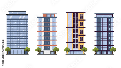 Set of modern high-rise buildings in cartoon style. Vector illustration of beautiful tall buildings, office buildings with windows, glass doors, balconies, green trees isolated on white background.