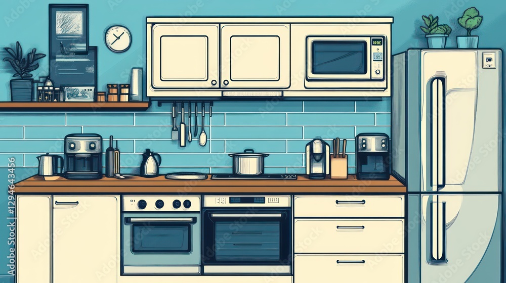 A kitchen with a smart oven, smart refrigerator, and IoT-enabled coffee maker A kitchen with a smart oven, smart refrigerator, and IoT-enabled coffee maker