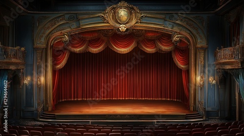 A Hollywood-style theater stage with grand red drapes and a golden-trimmed proscenium.