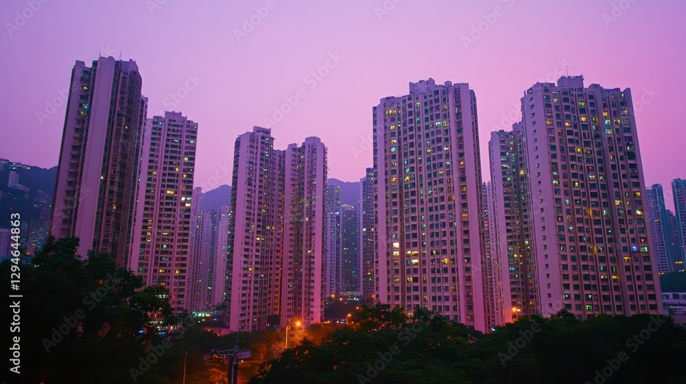 Fototapeta premium A lively evening scene of a modern city, high-rise residential towers standing tall under a soft-lit sky.