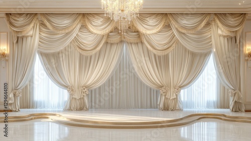 A lavish concert stage with smooth flowing curtains and elegant detailing.