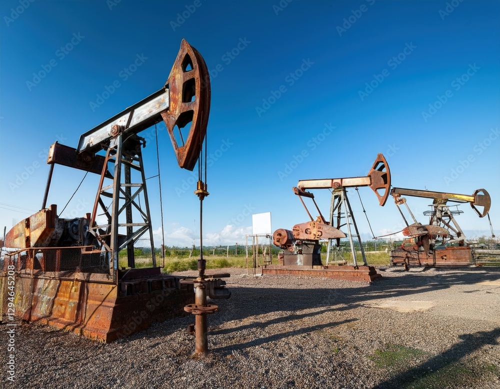 Industrial oil pumpjacks with rusted metal details on Industrial oil pumpjacks with rusted metal details on