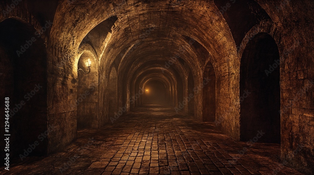 Mysterious stone corridor in dimly lit underground tunnel Mysterious stone corridor in dimly lit underground tunnel