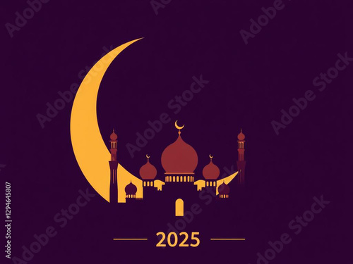 A stylized digital art graphic depicts a crescent moon behind a mosque with the year 