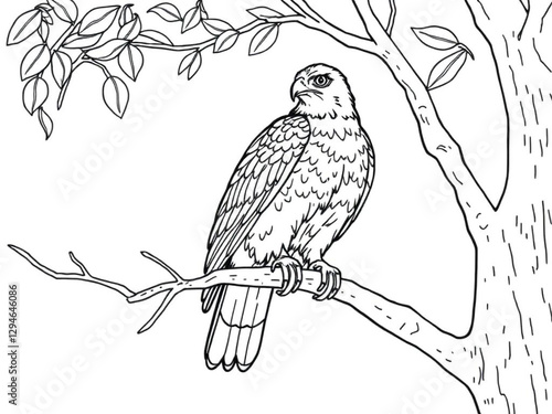 A detailed line drawing showcases a bird of prey perched on a tree branch.