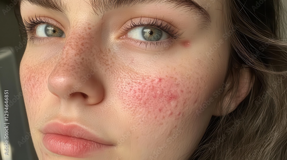 Fototapeta premium Close up of a young woman's face highlighting rosacea, a common skin condition causing redness and visible blood vessels, emphasizing the importance of skincare and dermatological health
