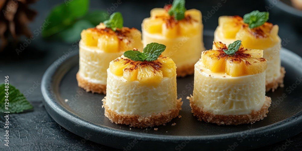 Delicious mini pineapple cheesecakes with mint garnish served on a dark plate Delicious mini pineapple cheesecakes with mint garnish served on a dark plate