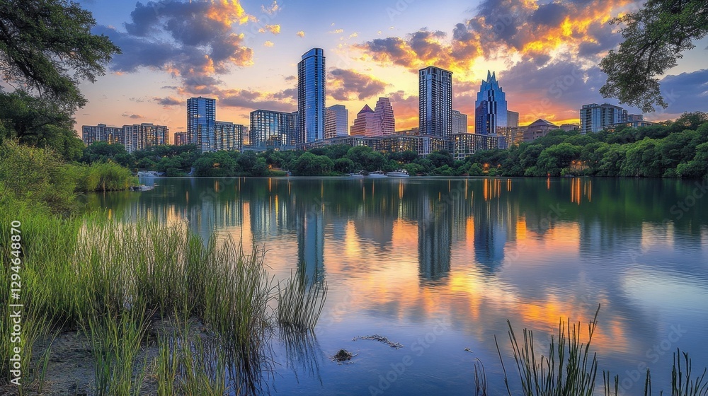 A panoramic view of a contemporary cityscape at dusk, showcasing towering residential skyscrapers reflecting in a calm river. A panoramic view of a contemporary cityscape at dusk, showcasing towering residential skyscrapers reflecting in a calm river.