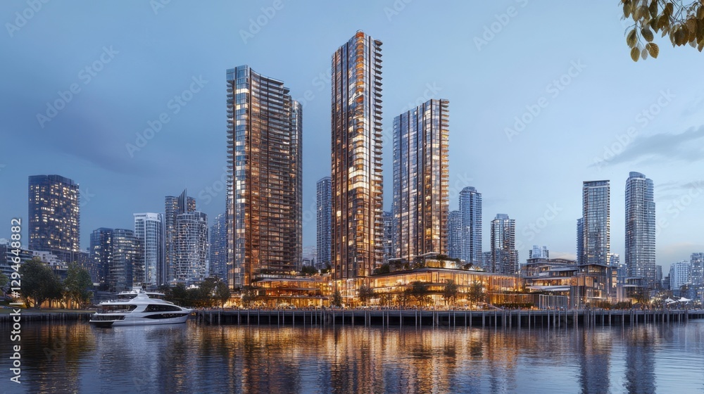 Fototapeta premium A panoramic view of a contemporary cityscape at dusk, showcasing towering residential skyscrapers reflecting in a calm river.