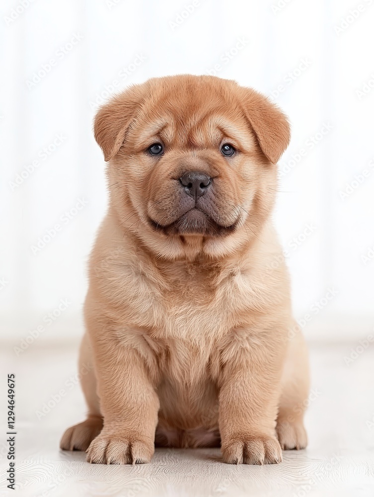 Playful and adorable puppy sitting on a soft blanket with a curious expression captured in a cozy indoor environment Playful and adorable puppy sitting on a soft blanket with a curious expression captured in a cozy indoor environment