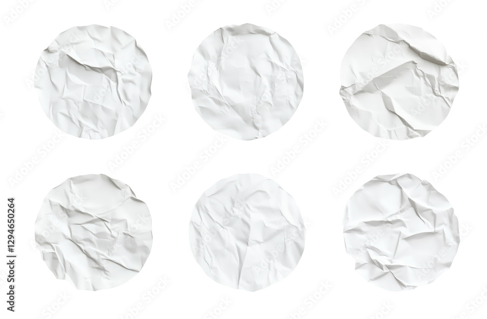 Naklejka premium Six Crumpled Circles: Six textured, wrinkled paper circles arranged in a visually appealing composition, evoking a sense of abstract design and subtle imperfection.