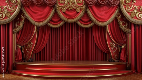 A royal red and gold-themed stage with rich drapery and a polished wooden platform.