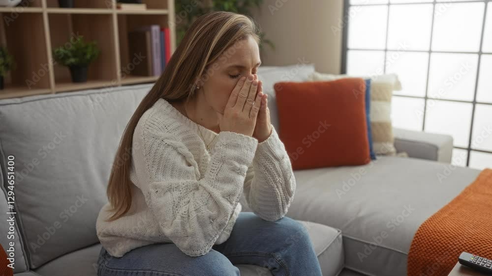 Woman sitting indoors on couch looking thoughtful in cozy living room with bookshelves and cushions around her