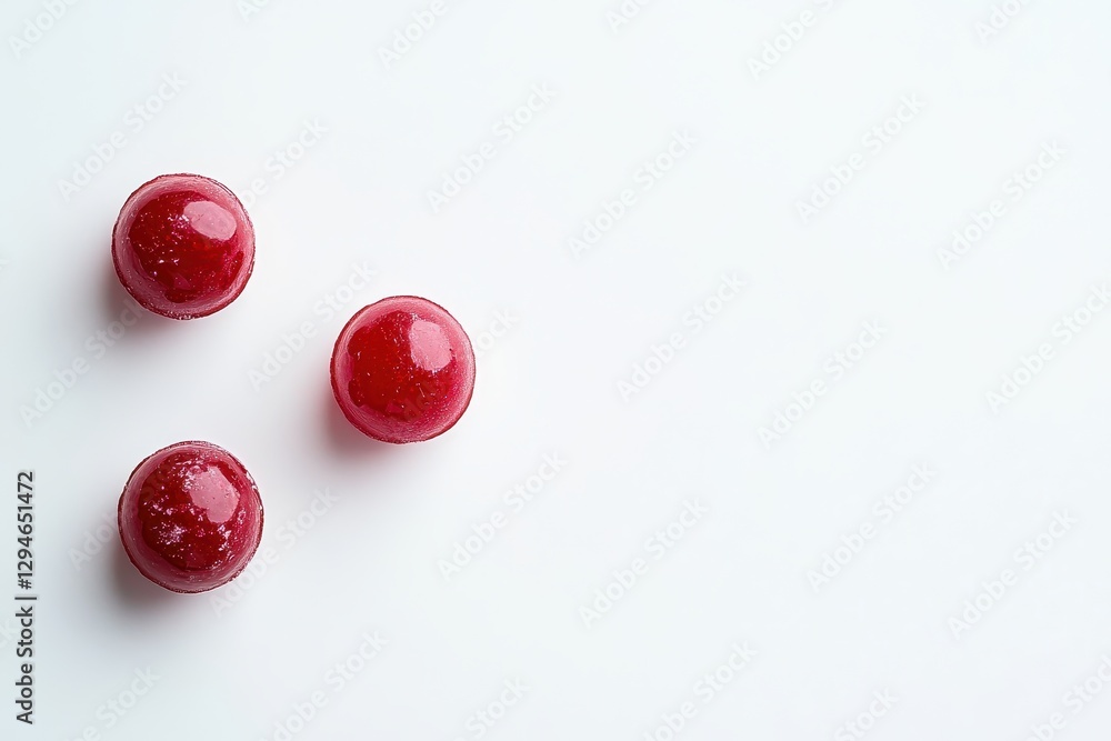 Menthol Cherry Relief. Three Sweet Red Cough Drops from Above on a Clean Background Menthol Cherry Relief. Three Sweet Red Cough Drops from Above on a Clean Background