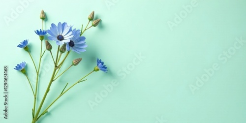 Delicate Blue Flowers Arranged on a Light Green Background with Ample Copy Space