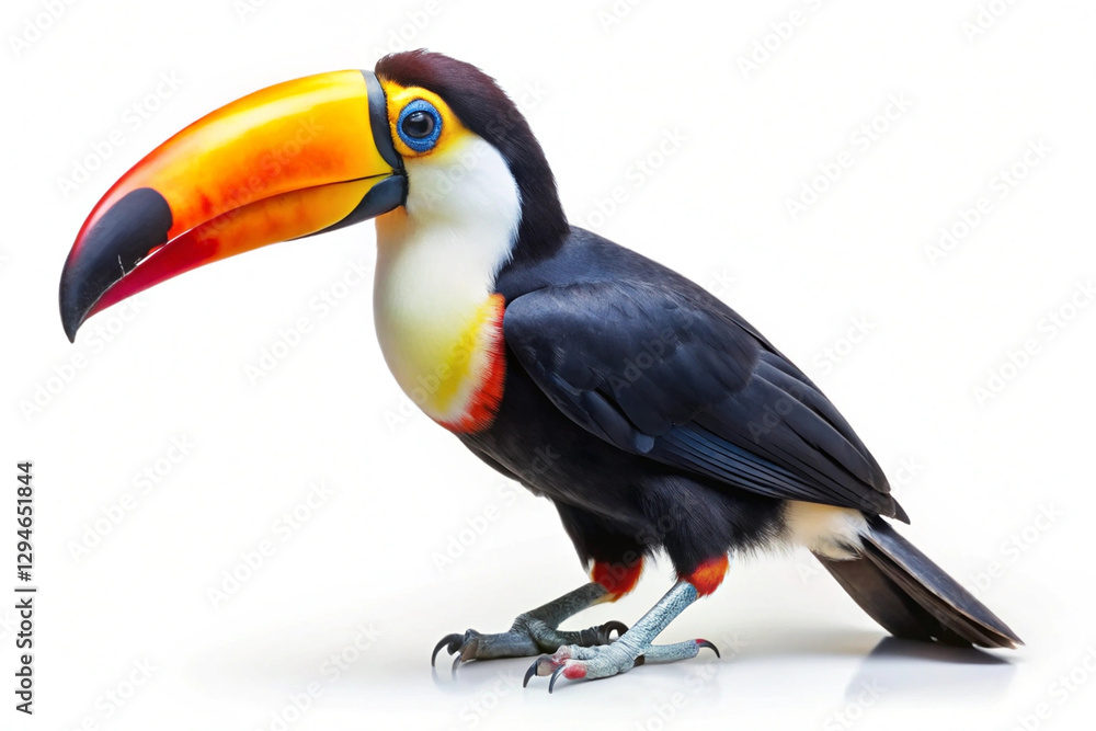Fototapeta premium Vibrant toucan with a large colorful beak, perched against a white background. AI Generated