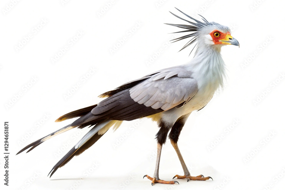 Majestic secretary bird with long legs and striking head feathers, standing tall against a white background. AI Generated Majestic secretary bird with long legs and striking head feathers, standing tall against a white background. AI Generated