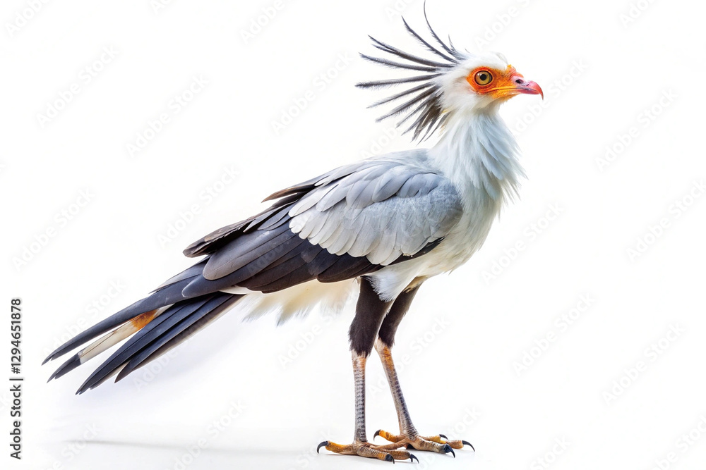 Striking secretary bird with unique head feathers and long legs, standing against a white background, sharp gaze. AI Striking secretary bird with unique head feathers and long legs, standing against a white background, sharp gaze. AI