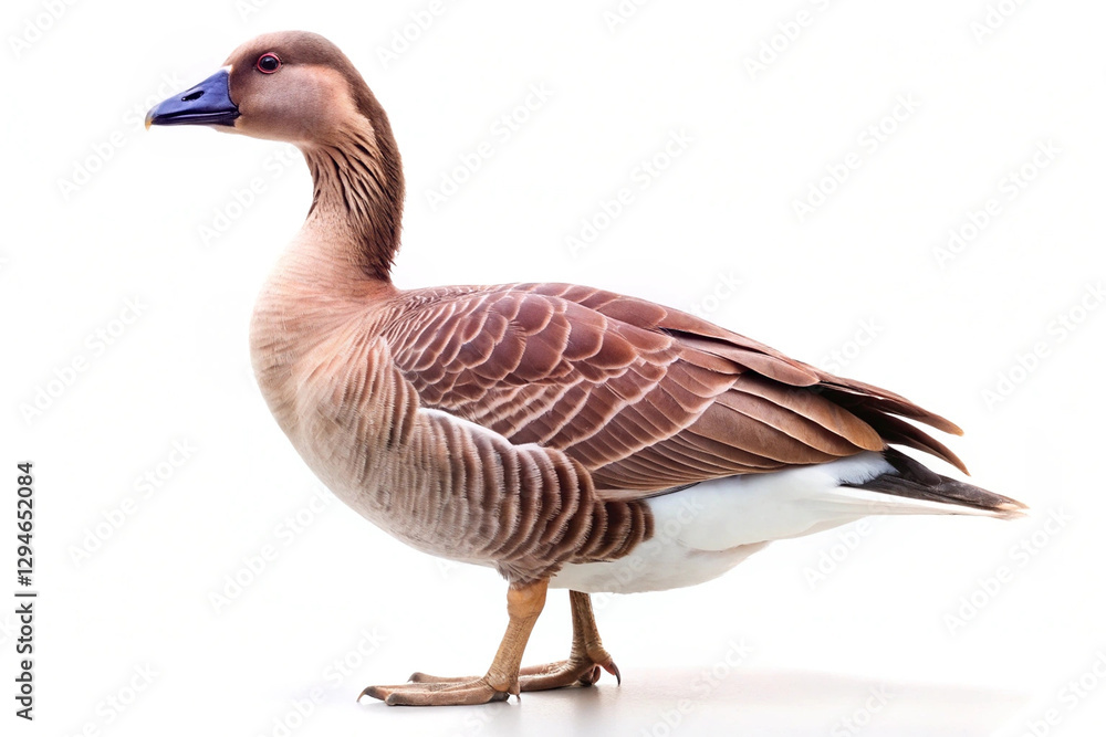 Full-body view of a swan goose standing tall on a clean white background, showcasing its elegant neck and patterned plumage.