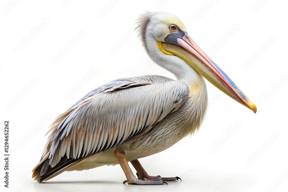 Graceful pelican with a long colorful beak and elegant plumage, standing against a clean white background. AI Graceful pelican with a long colorful beak and elegant plumage, standing against a clean white background. AI