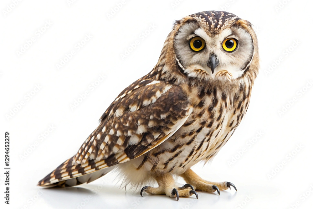 Obraz premium Close-up of a short-eared owl with piercing yellow eyes against a white background. AI Generated