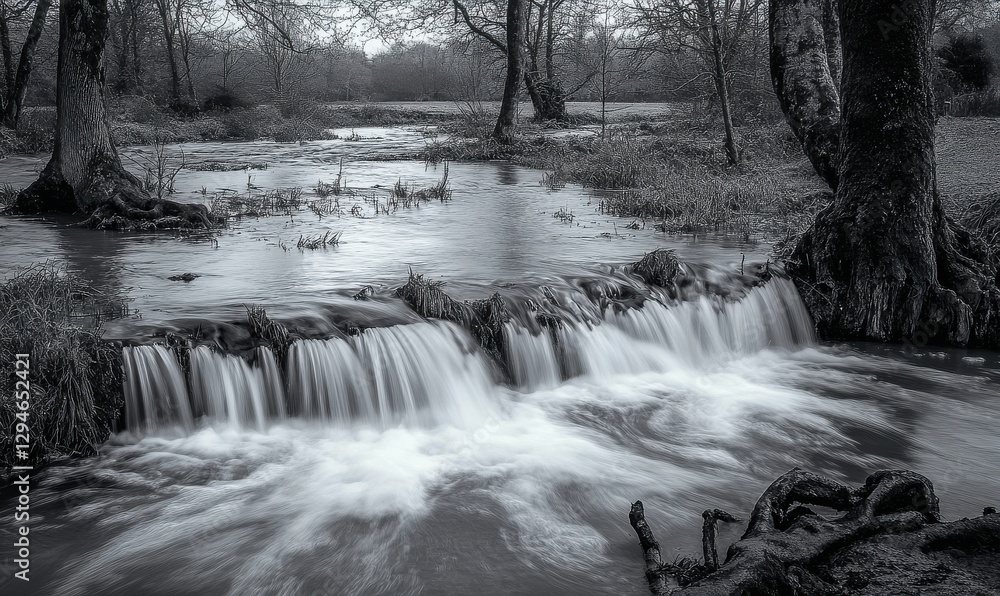 Fototapeta premium Black and white forest stream with flowing water, peaceful scene.