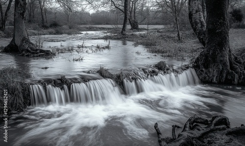 Black and white forest stream with flowing water, peaceful scene.