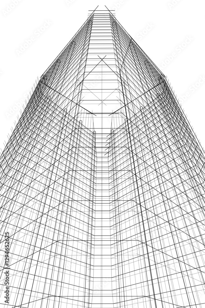 Obraz premium Modern Skyscraper Wireframe. Futuristic Urban Architecture in Abstract Perspective