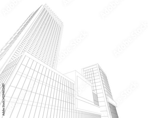 Modern Skyscraper Wireframe. Futuristic Urban Architecture in Abstract Perspective