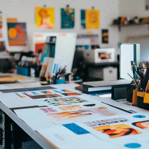 Wallpaper Mural Creative Workspace: Artistic Desk with Paintings, Sketches, and Drawing Tools in an Art Studio Torontodigital.ca