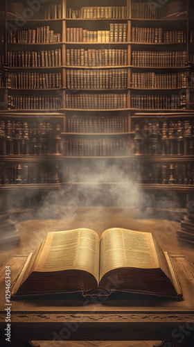 An open book rests on a table in an ancient library
