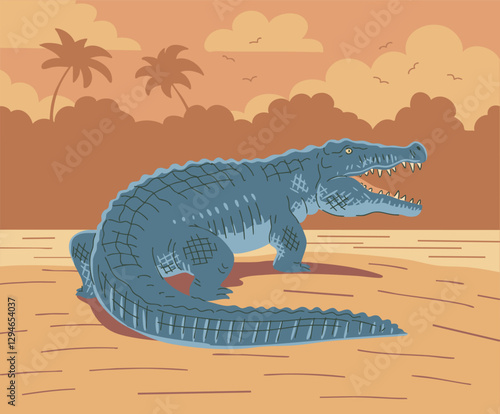 Green crocodile on the banks of the river and jungle. Large toothed reptile. Wild animal. Zoology, fauna and wildlife. Cartoon vector illustration
