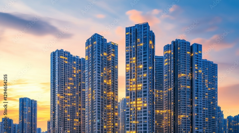 Obraz premium A sweeping view of an urban skyline, the silhouettes of high-rise residences glowing softly as night falls.