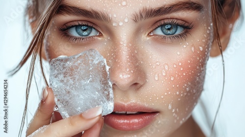 Close up capturing dewy faced woman pressing ice cube against skin, embodying minimalist skincare approach for radiant, fresh complexion