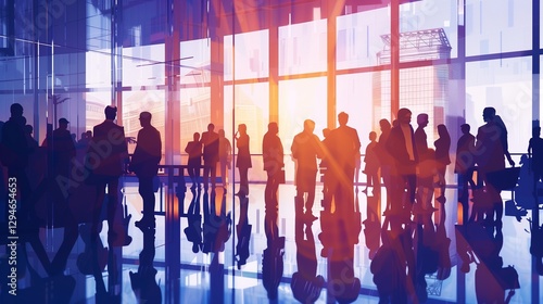 Corporate crowd engaging in teamwork during business event in modern office space