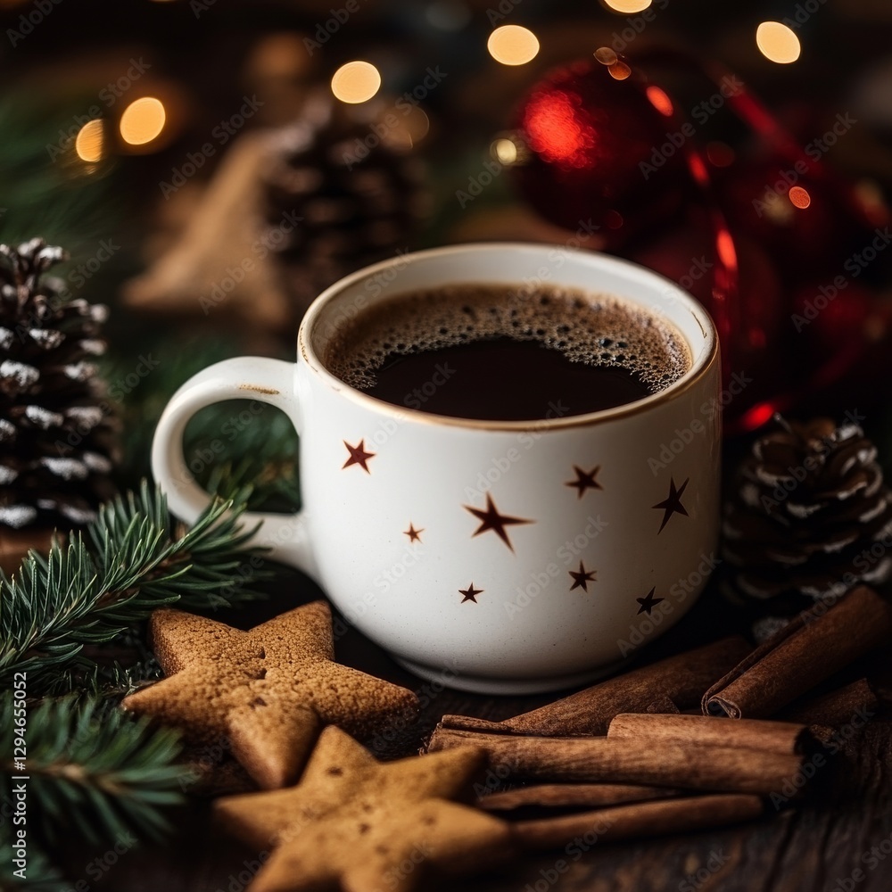 Festive Coffee Break: Warm Beverage, Star Cookies, and Holiday Cheer in a Cozy Christmas Setting Festive Coffee Break: Warm Beverage, Star Cookies, and Holiday Cheer in a Cozy Christmas Setting