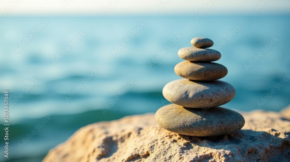 Fototapeta premium Serene Coastal Stones Stacked in a Balanced Arrangement Reflecting Tranquility and Harmony by the Ocean