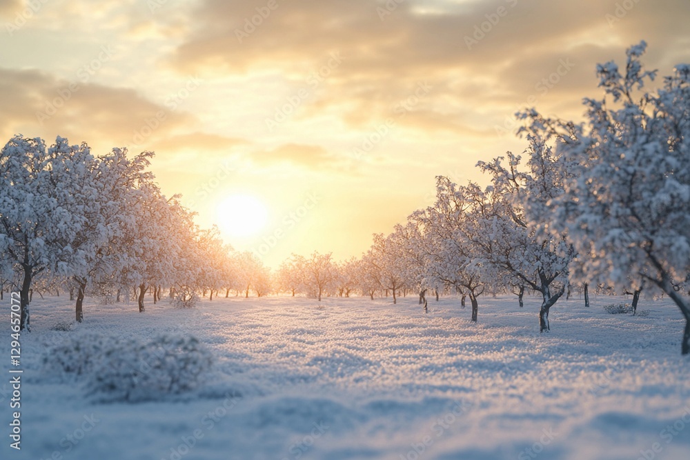 Sunset over a frosty apple orchard with golden light Sunset over a frosty apple orchard with golden light