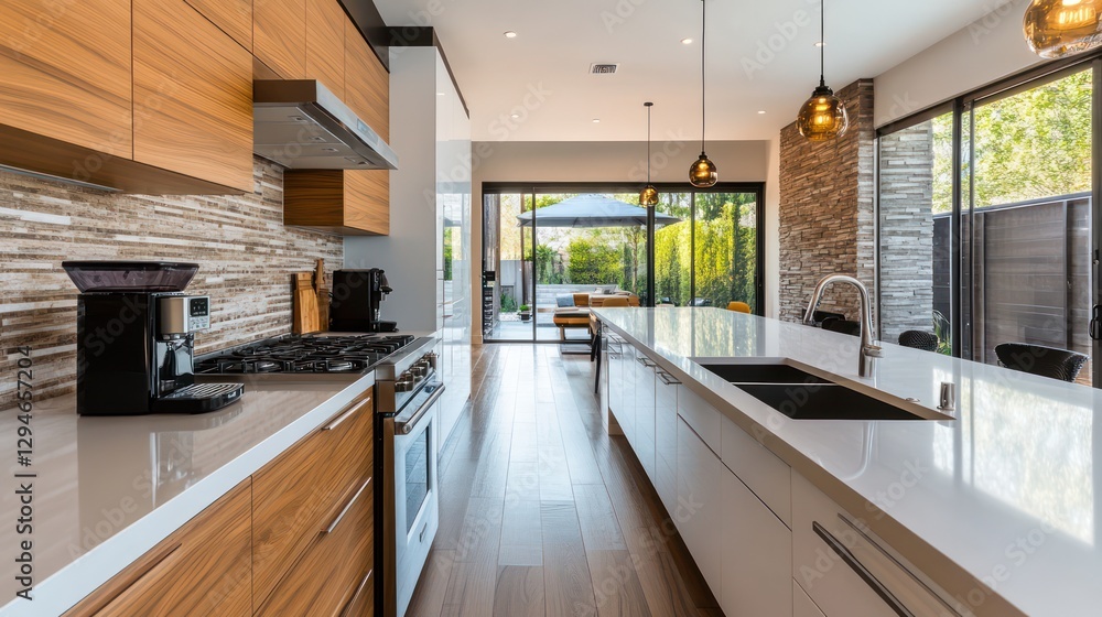 A spacious kitchen with IoT-enabled appliances, including a coffee maker, oven, and lights A spacious kitchen with IoT-enabled appliances, including a coffee maker, oven, and lights