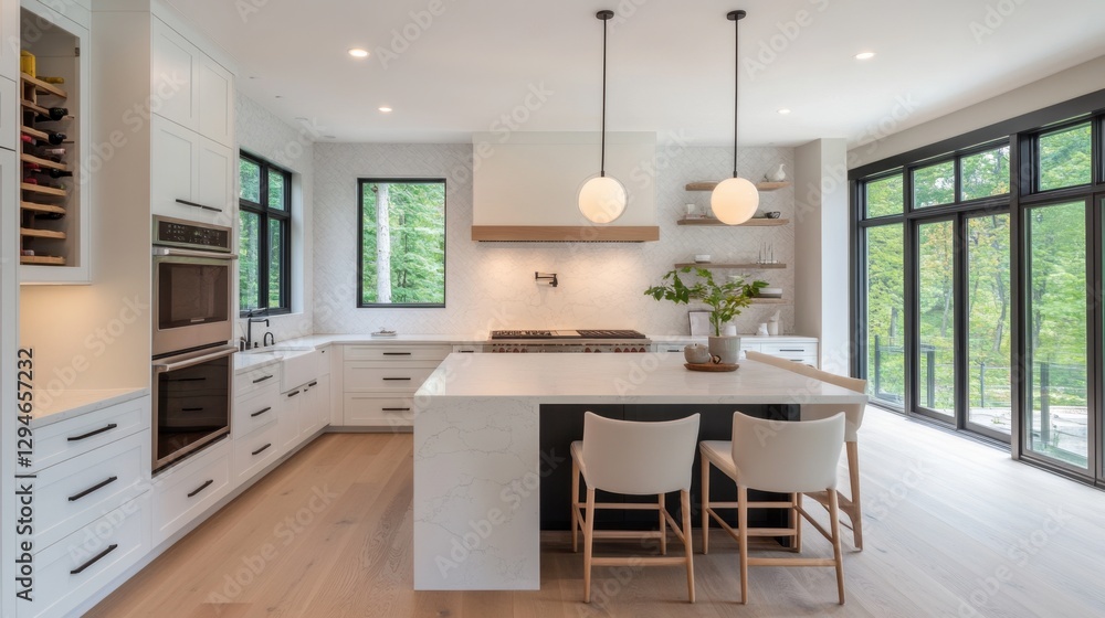 Contemporary kitchen with a large quartz island, high-end appliances, and a built-in wine rack. Contemporary kitchen with a large quartz island, high-end appliances, and a built-in wine rack.