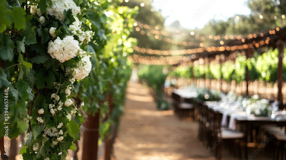 Elegant vineyard wedding setup with floral decor and lights Elegant vineyard wedding setup with floral decor and lights