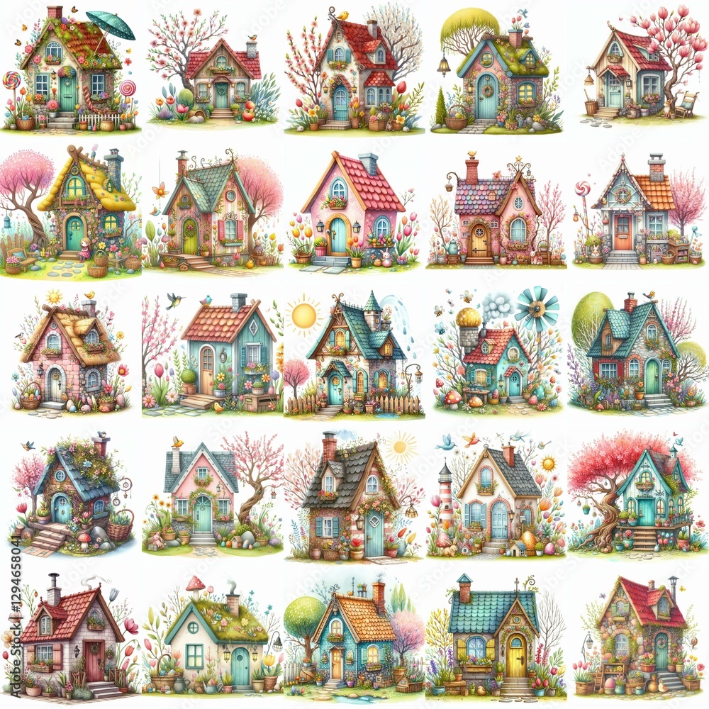 Obraz premium Watercolor Spring House. AI generated illustration