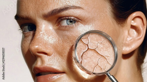Close up magnifying view showing wrinkled, parched facial skin surface, highlighting dermis aging process and critical importance of intensive moisturizing treatment