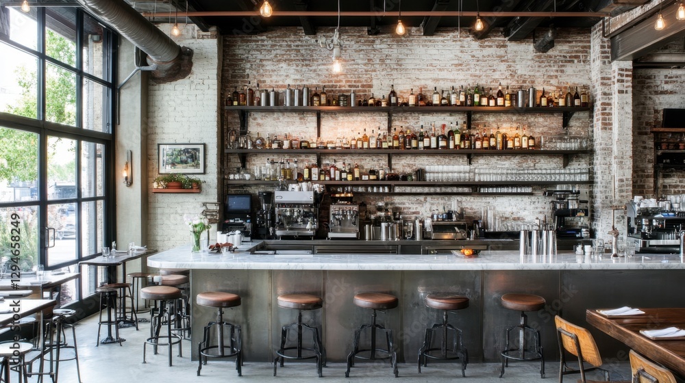 Industrial-style modern kitchen with exposed brick walls, metal shelves, and Edison bulb lighting. Industrial-style modern kitchen with exposed brick walls, metal shelves, and Edison bulb lighting.