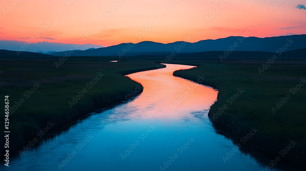 Fototapeta premium Serene river flowing through mountains at dusk nature photography tranquil landscape
