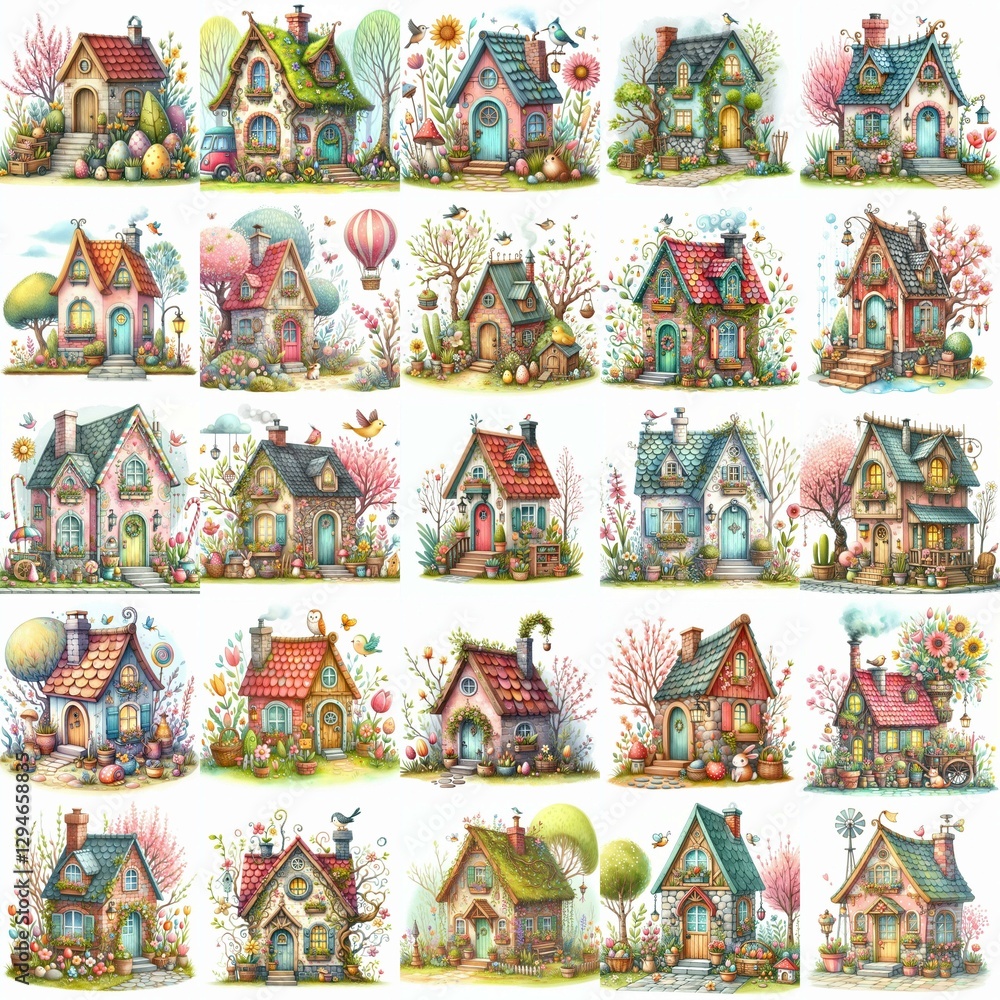 Naklejka premium Watercolor Spring House. AI generated illustration