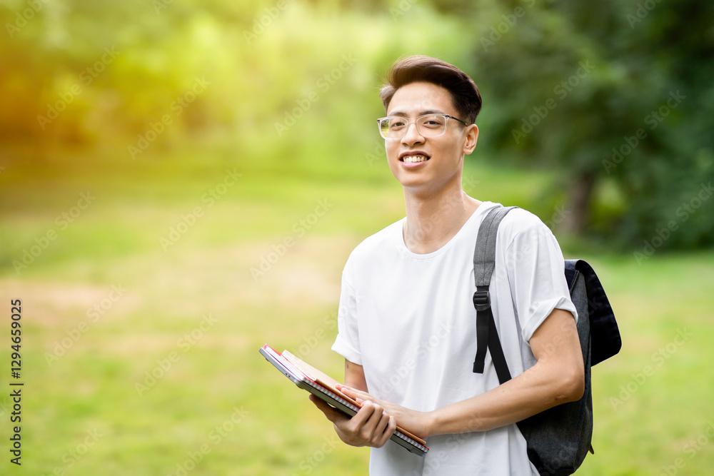 Portrait of smiling asian student guy with backpack and workbooks posing outdoor in college courtyard, looking at camera, copy space Portrait of smiling asian student guy with backpack and workbooks posing outdoor in college courtyard, looking at camera, copy space